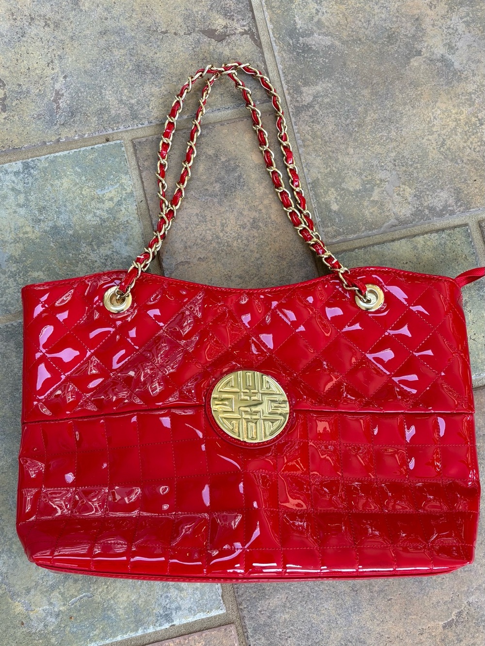 Red Quilted Patent Shoulder Tote with Gold Emblem